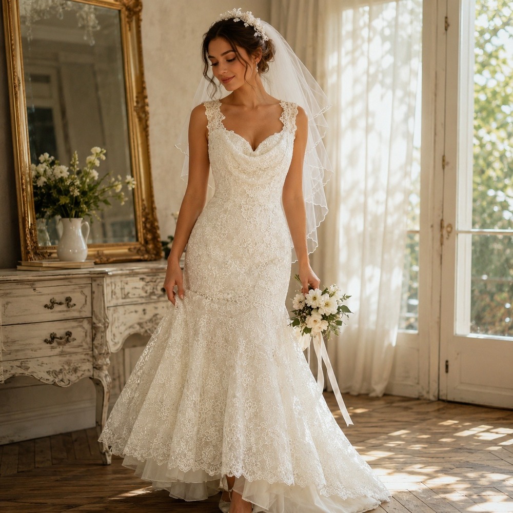 Lace Mermaid Wedding Dress Cowl Neck Sleeveless Bridal Gown with Veil White